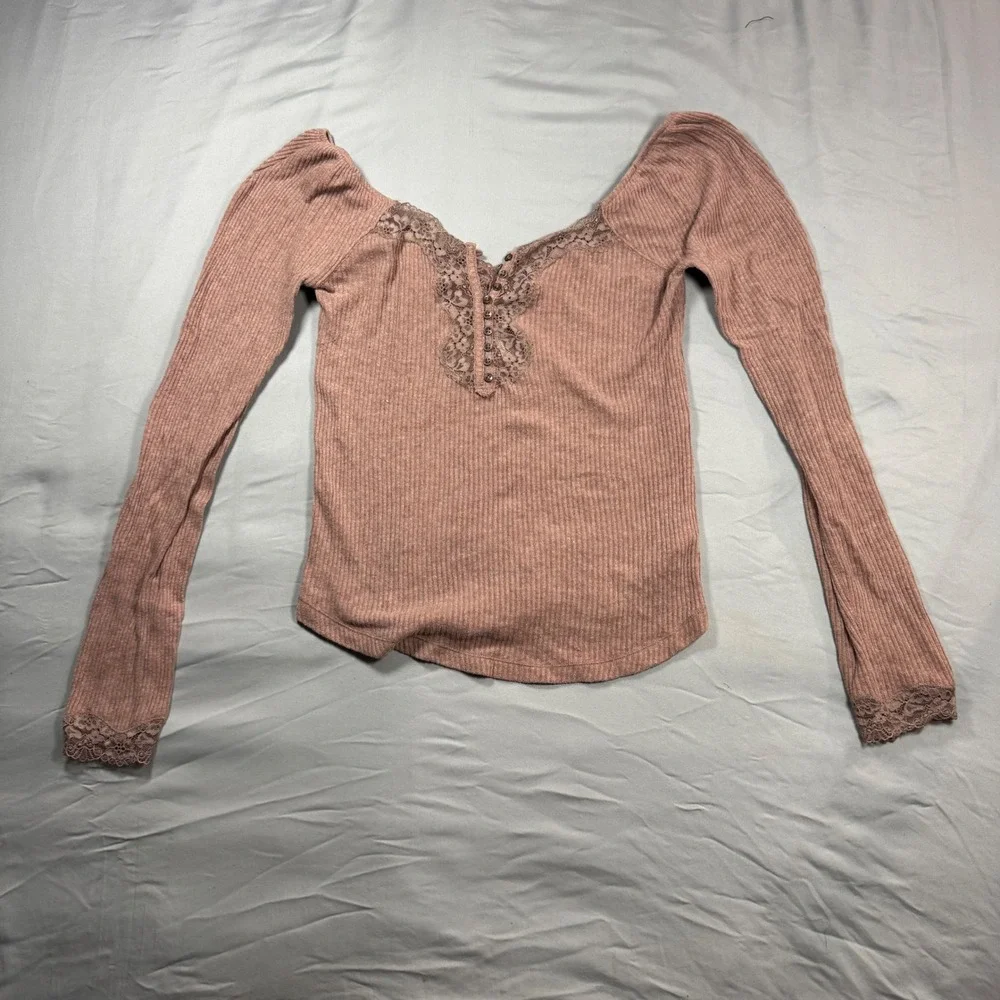 Free People Ribbed Lace Floral Top M Dusty Rose Bella Swan Ren Faire Babydoll
